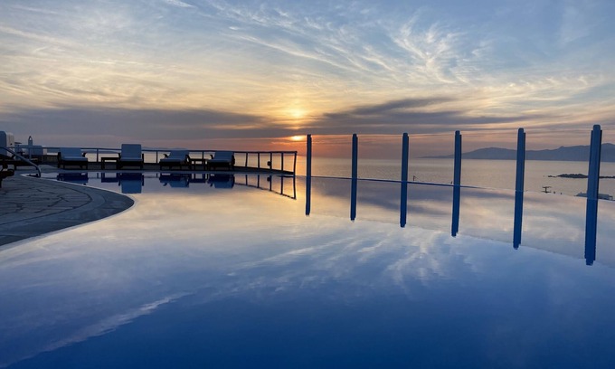 Ano Mera House | Mykonos Villa luminosa, private pool with sunset view.