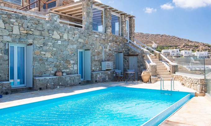 Kanalia Villa | Natural Stone Villa has amazing view in town and aegean private pool free park