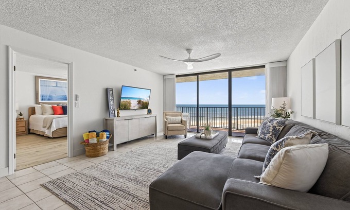 Daytona Beach Shores Condo | New Listing! Updated direct oceanfront condo with a pool, hot tub, and garage parking
