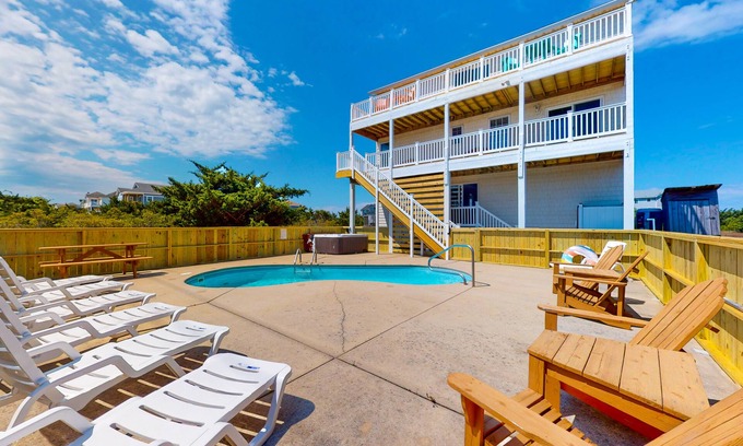 Wind Over Waves House | Renovated water-view house with private pool, hot tub, game room, & central AC