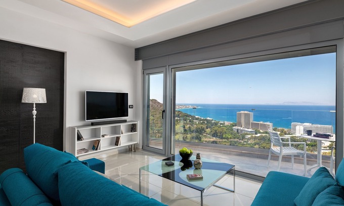 Petaloudes Apartment | Rhodes Skyline Suite - 1 Bedroom with OutDoor jacuzzi and Sea View