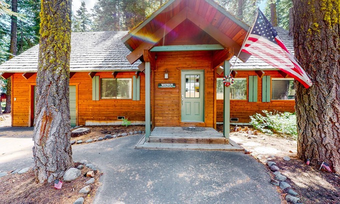Tahoe Pines Cabin | Serene cabin with expansive deck, grill, fireplace - near skiing - walk to beach