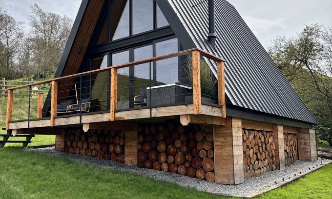 Graigfechan Cabin | Stunning Scandinavian A Frame lodge with outside bathtub