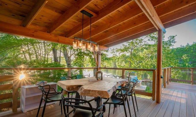 Barnstead House | Stylish lake home with private beach, dock and firepit for swimming, kayaking, hiking