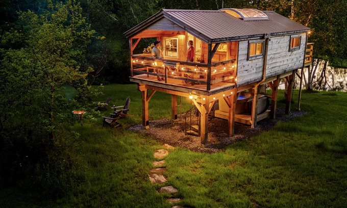 South Londonderry Cabin | Treehouse lifted up over a stocked trout pond up in the beautiful birch trees!