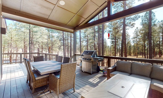 Flagstaff House | Updated luxury home with ensuite bedrooms, fireplace, & large deck w/firepit