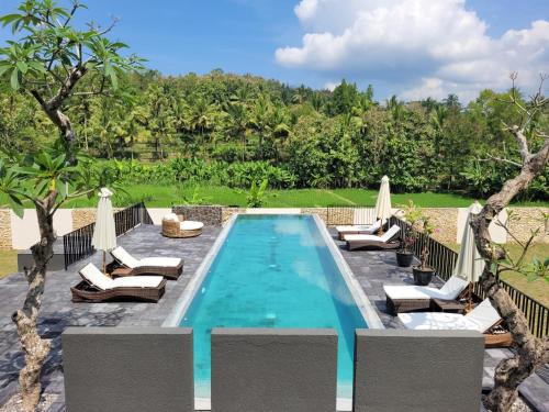 Banjarasri Villa | Villa Norwegia - pool with panorama rice field view
