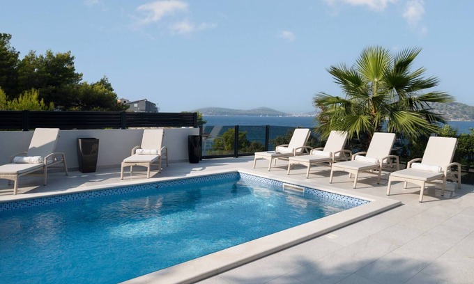 Razanj Villa | Villa Palm Bay 1, heated pool - 5 m from the sea, private parking, with stunning sea view, nice terrace, beach access.