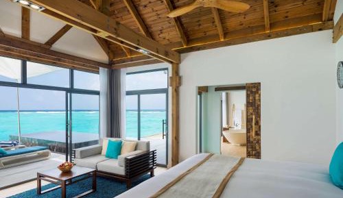 Overwater Pool Villa Sunrise, see-through floor, infinity pool, daily free flow chocolate hour, free snorkeling gear & non-motorized water sports