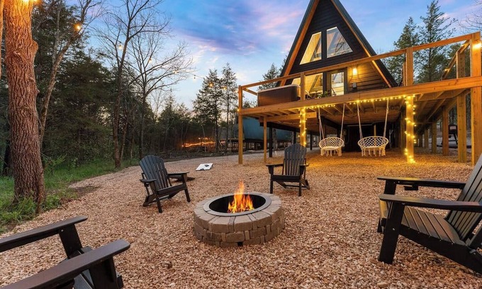 Omaha Cabin | Modern Creekside A-Frame w/Hot Tub & Forest Views